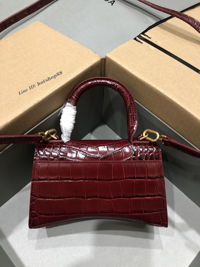 Balenciaga專櫃爆款小號手提女包 巴黎世家鱷魚酒紅色金扣Hourglass沙漏包 fyj1649